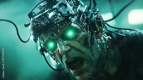 A terrifying human-cyborg hybrid wearing electronic headgear emits a glow from its eyes, symbolizing the fusion of humanity and advanced technology in a nightmarish manner.