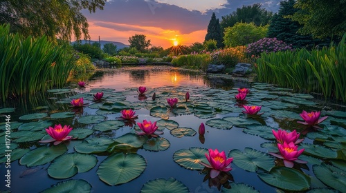 Serenity at sunset as lotus flowers bloom in a tranquil garden pond
