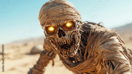 An unsettling skeletal mummy with bright glowing eyes, wrapped in decayed bandages, emerges from the sandy desert, evoking a sense of fear and mystery.