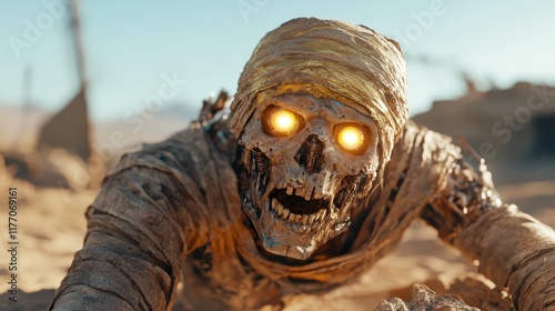 A skeletal, bandaged mummy with fiery glowing eyes crawls through the arid desert under the blazing sun, creating an atmosphere of horror and desolation. photo