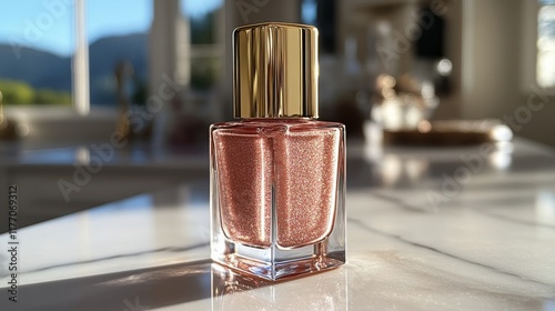 Elegant rose gold nail polish bottle on a marble countertop with natural light