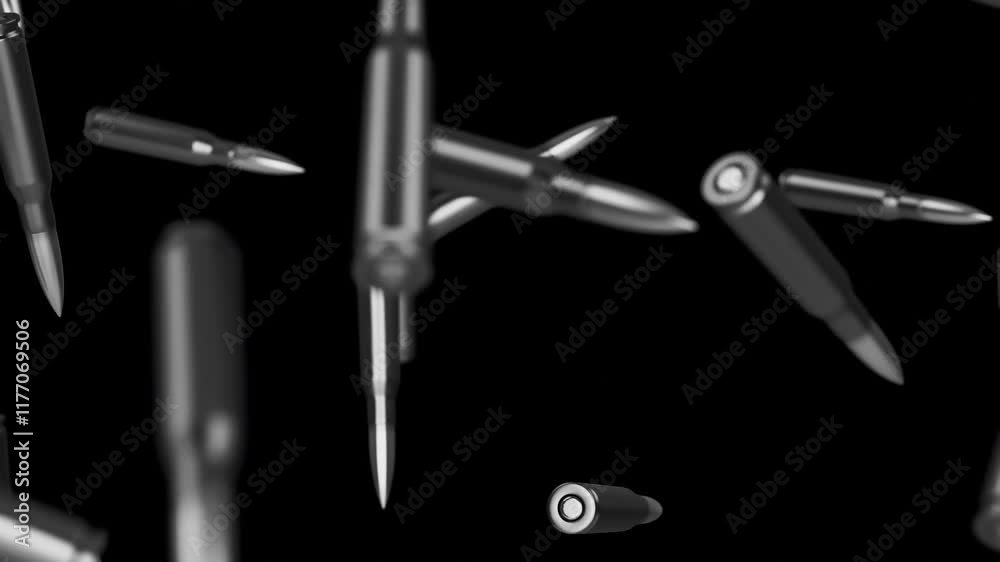 Falling bullets on a dark background. 4k loop animation