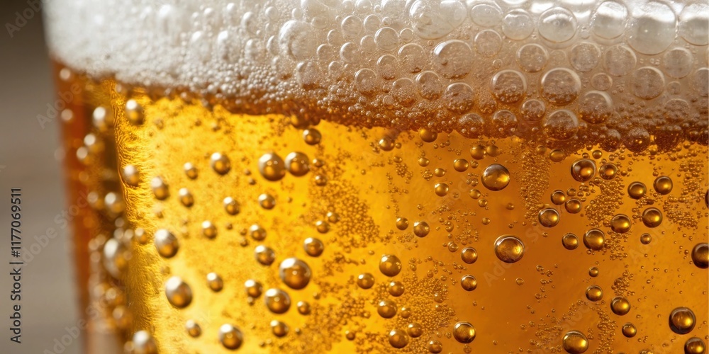 Close-up of a Glass Filled with Golden Ale, Showing Bubbles and Head Close-up of a Glass Filled with Golden Ale, Showing Bubbles and Head