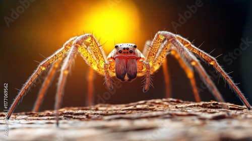 Detailed image of a spider staring directly, emphasizing its fangs and eyes, under a dramatic lighting effect that creates a vivid and intense atmosphere. photo