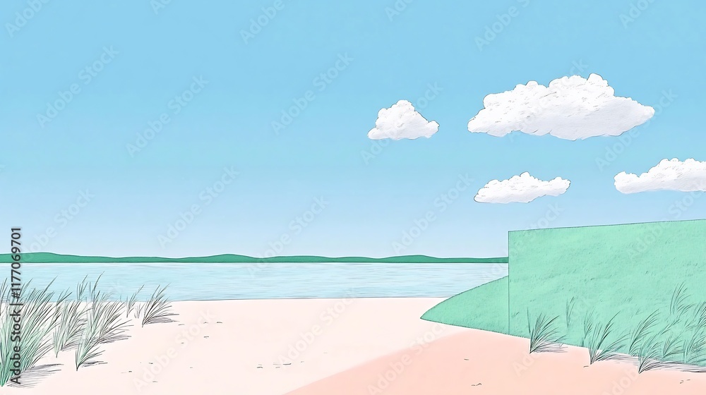 custom made wallpaper toronto digitalSerene Beach Illustration: Softly Drawn Summer Seascape. AI Generated