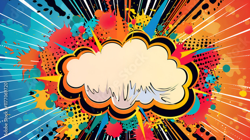 Large, white speech bubble with blue outline, against vibrant background of radiating yellow lines, pink and yellow splashes