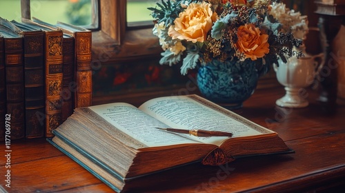 An open book rests on a wooden table next to a vase of flowers and a window
