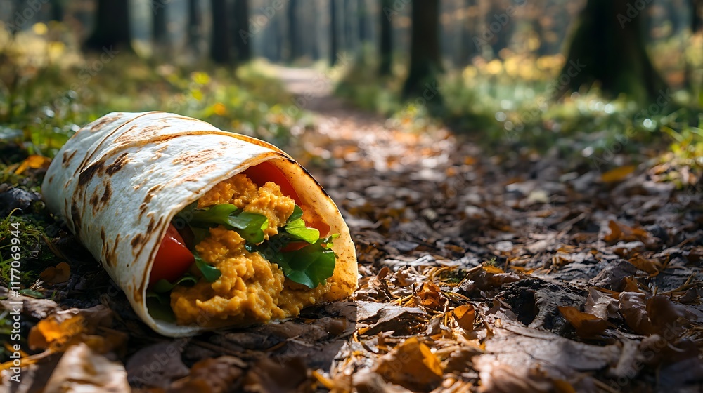 Obraz premium A vegetarian wrap with hummus on a forest trail
