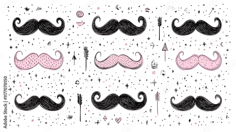 Mustaches pattern, background design, whimsical style, textile print. Mustaches pattern, background design, whimsical style, textile print.