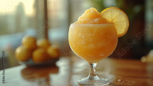 Refreshing citrus drink with ice and lemon slice during sunset in a garden se...