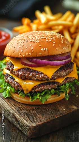 Delicious sesame bun burger served with crispy french fries and tangy dipping...