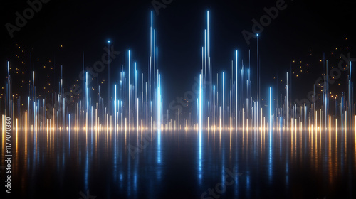 Large candlestick chart showing a breakout pattern illuminated by glowing blue cryptographic symbols in the background