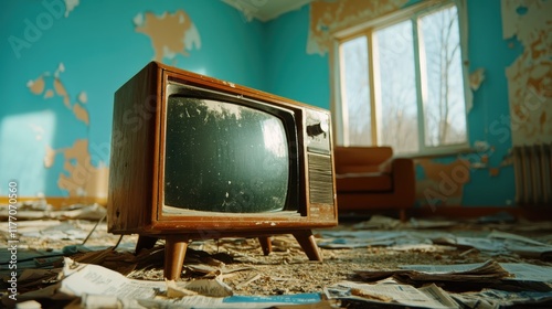 An old television set rests amidst scattered newspapers in an abandoned room with peeling blue paint, capturing a sense of forgotten times and silent stories within. photo