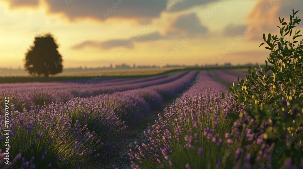 Naklejka premium Serene Sunset over Lavender Fields