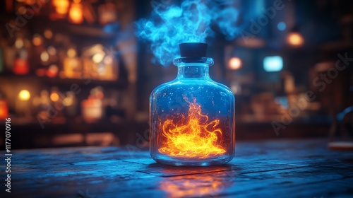 Glowing potion in a glass bottle surrounded by swirling smoke and luminous or...