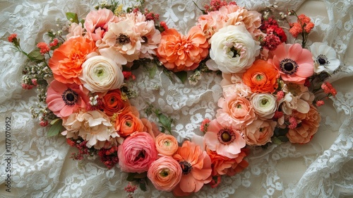 Floral heart arrangement showcasing roses and ranunculus on delicate lace fabric