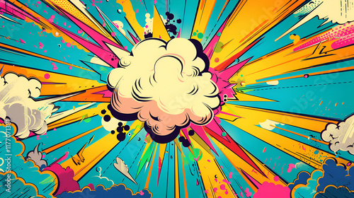 Large, white speech bubble with blue outline, against vibrant background of radiating yellow lines, pink and yellow splashes