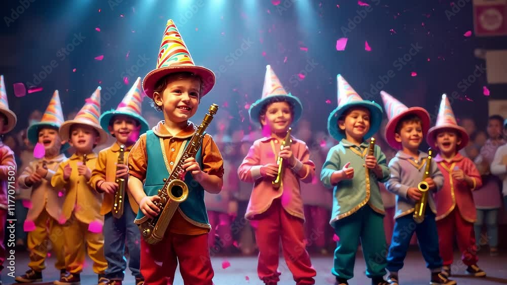 Children's Carnival Costumes. Joyful children in colorful costumes playing instruments on stage for the Mardi Gras.