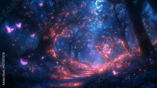Magical forest glowing with fireflies at sunset surrounded by lush greenery
