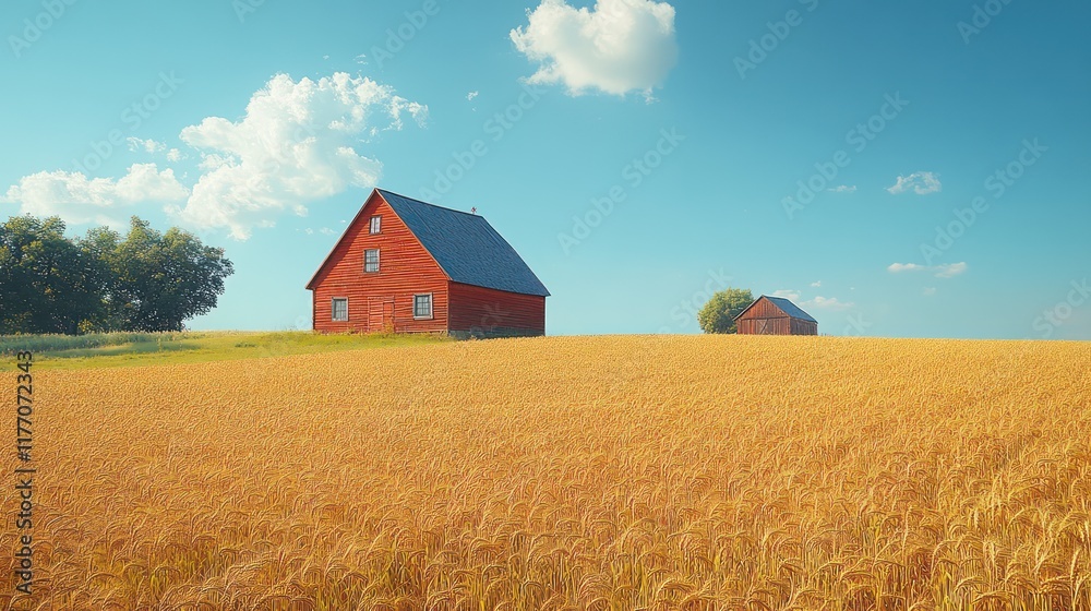 Serene Summer Landscape: Golden Wheat Field with Rustic Red Barns Serene Summer Landscape: Golden Wheat Field with Rustic Red Barns