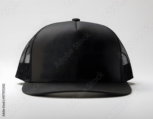 Blank trucker shining hat mockup isolated on a dark white greyish background photography closeup shot
