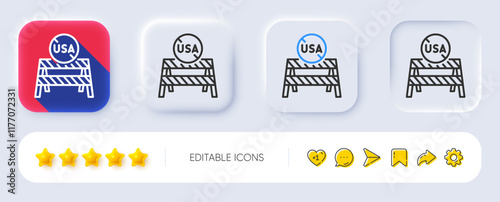 USA close borders line icon. Neumorphic, Flat shadow, 3d buttons. Coronavirus Covid-19 pandemic sign. Travel restrictions symbol. Line uSA close borders icon. Social media icons. Vector