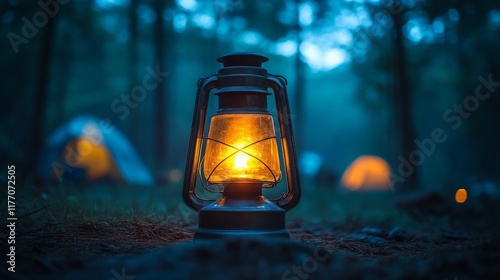 Cozy lantern lighting the shore by a peaceful lake at dusk near a camping tent