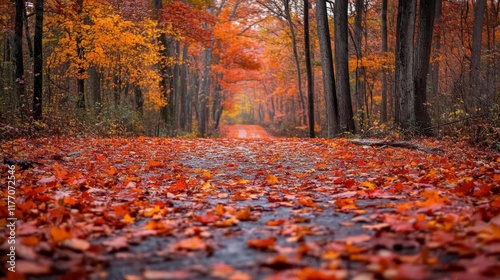 Colorful autumn leaves cover a forest path in vibrant orange and red tones du...