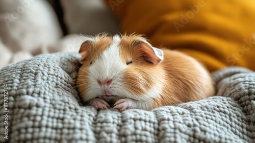 Cute orange guinea pig relaxing on a cozy knitted bed in a warm, inviting hom...