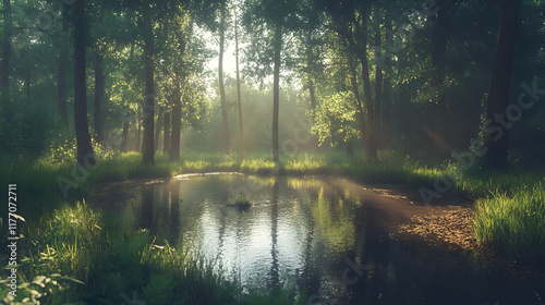 Sunbeams Through the Trees - Forest Pond Illustration