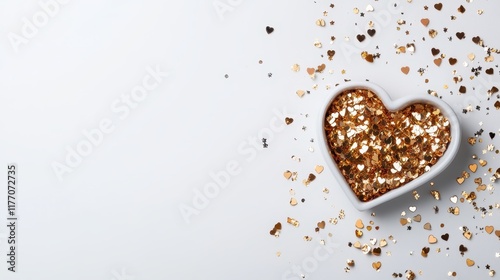 A heart-shaped bowl featuring an array of golden sequins against a soft gray background, conveying elegance, love, and artistic charm in a contemporary setting.