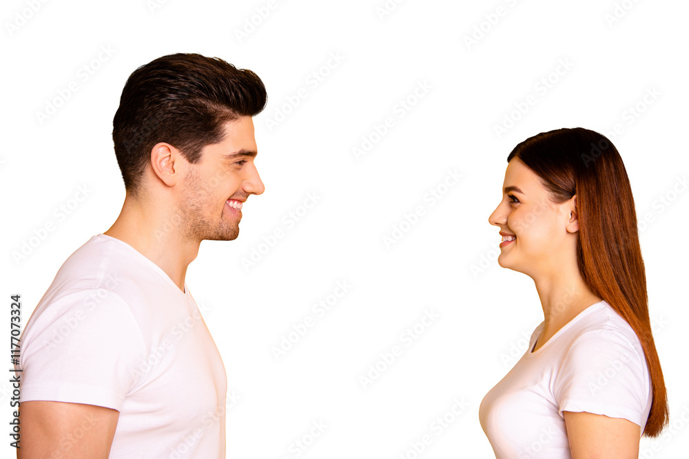 Close up side profile photo funny amazing beautiful she her he him his guy lady laugh laughter stand opposite wait first who take eyes off wear casual white t-shirts outfit isolated yellow background Close up side profile photo funny amazing beautiful she her he him his guy lady laugh laughter stand opposite wait first who take eyes off wear casual white t-shirts outfit isolated yellow background