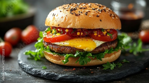 Delicious burger with fresh toppings served on a slate plate in a casual dini...