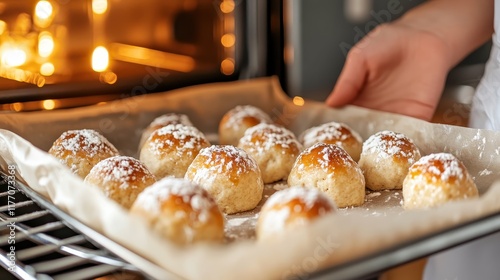 A baking tray filled with freshly baked cookies dusted with powdered sugar, positioned near an oven, emphasizing the culinary art and anticipation of home-baked treats. photo