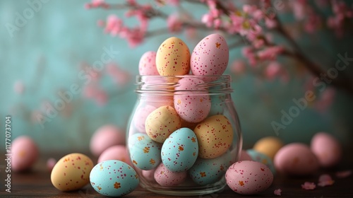Colorful easter eggs displayed in a jar with cherry blossom branches on a woo...