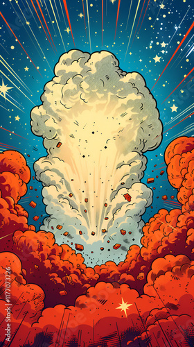 A collection of cartoons, comic speech bubbles,  Explosion of the nuclear power plantExplosion of nuclear bomb with smoke and flames