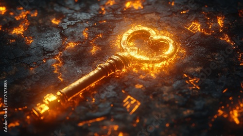 Mystical golden key on ancient stone with glowing inscriptions in a dark setting