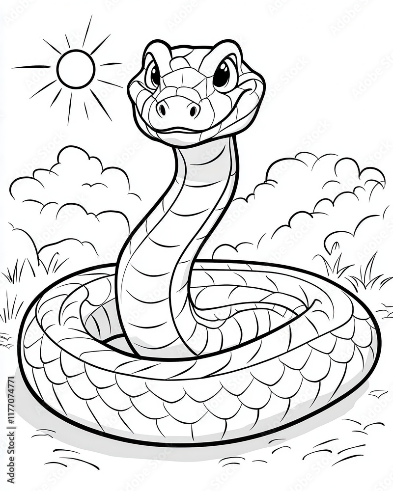 Fototapeta premium Adorable Cartoon Snake Coiled in Grass Sunny Day Coloring Page Illustration