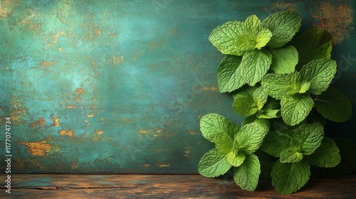 Fresh mint leaves arranged on a rustic wooden surface with an aged turquoise ...