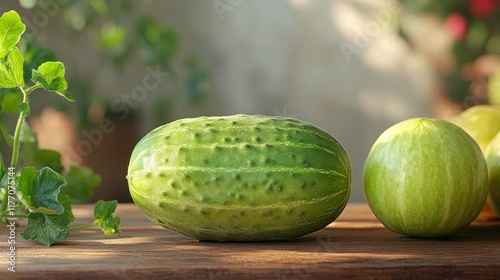 Fresh cucumber on wooden cutting board with herbs in pots on kitchen counter