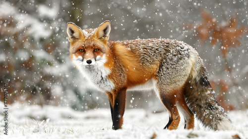 Red fox hunting in the snow. Foxes in winter landscapes. How do foxes hunt in snow? Winter behavior of red foxes. photo