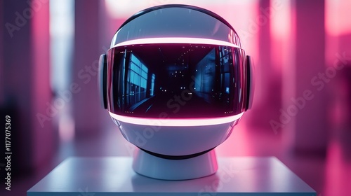 Futuristic technology display featuring a sleek virtual reality headset in a ...