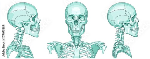 Human Skull and Cervical Spine Anatomy Illustration Detailed View of Cranium Neck Bones and Shoulder