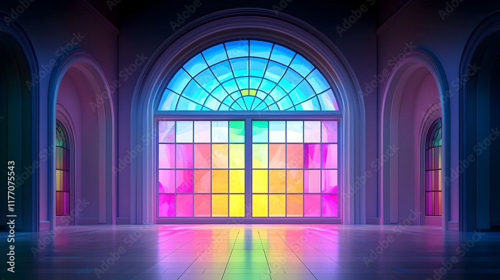 Fototapeta premium Vibrant stained glass window showcasing intricate green patterns, sunlight filtering through, illuminating the surrounding space with color.