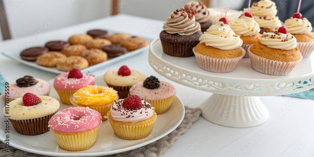 A delightful assortment of sweet treats, including cupcakes with various toppings and a selection of assorted pastries. A delightful assortment of sweet treats, including cupcakes with various toppings and a selection of assorted pastries.