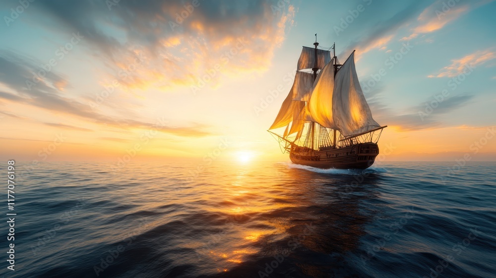 A magnificent tall ship with full sails catches the last light of day, drifting across the ocean, depicting freedom, tradition, and the romance of the sea. A magnificent tall ship with full sails catches the last light of day, drifting across the ocean, depicting freedom, tradition, and the romance of the sea.