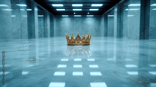 A golden crown rests on a reflective blue floor in a vast, modern hall, symbolizing power and majesty under a striking geometric pattern of overhead lights. photo