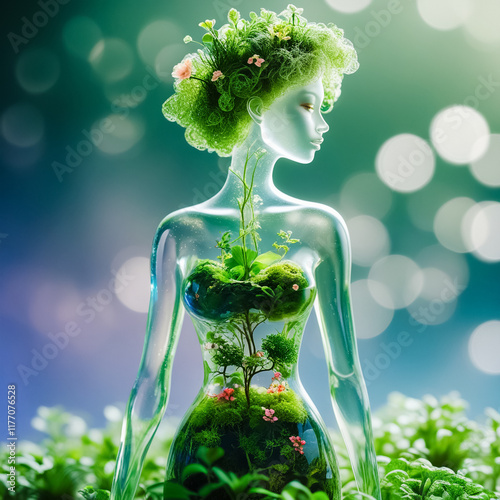 A stunning 3D digital artwork of a luminous glass woman with an hourglass figure, housing a vibrant internal ecosystem of plants, moss, and flowers. Ethereal Ecosystem