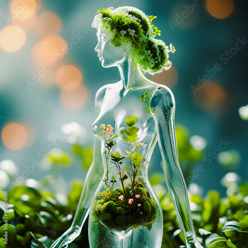 A stunning 3D digital artwork of a luminous glass woman with an hourglass figure, housing a vibrant internal ecosystem of plants, moss, and flowers. Floral Core