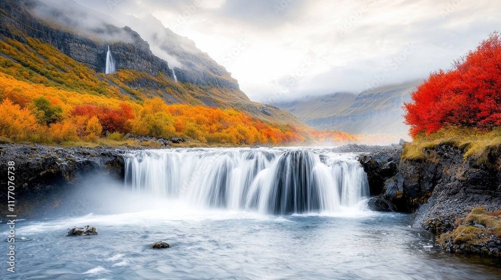 The magnificent Skogafoss waterfall is a breathtaking sight to behold in the autumn, with the cascading water creating a mesmerizing dance against a backdrop of vibrant foliage in hues of red, orange The magnificent Skogafoss waterfall is a breathtaking sight to behold in the autumn, with the cascading water creating a mesmerizing dance against a backdrop of vibrant foliage in hues of red, orange